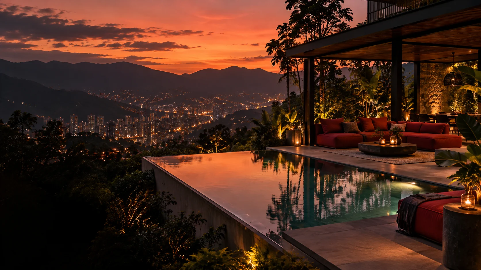 Terraza con piscina sobre el valle de Medellín al atardecer. Imagen ilustrativa.